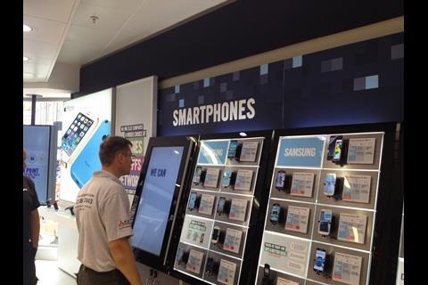 Product wall in Dixons Carphone store